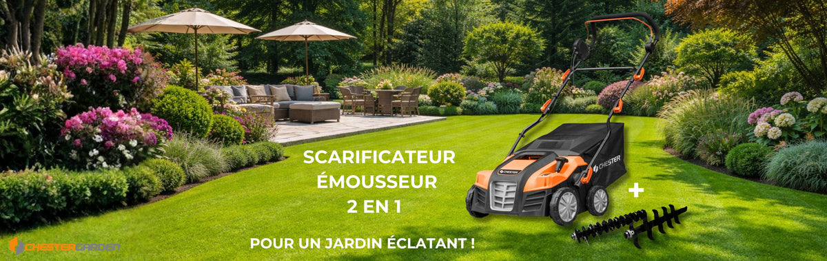Scarificateur émousseur électrique 2-en-1 CHESTER 1800W 40 cm avec bac 55L pour aérer, démousser et revitaliser efficacement les pelouses jusqu’à 1000 m²